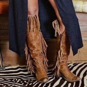 Tall Leather Western Fringe Boots
